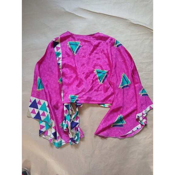 Silk Wrap Crop Top OS Pink Bell Sleeves Ethnic Hippie Festival Boho Aesthetic - Picture 7 of 8